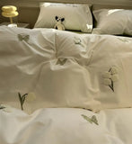 Gaeaspace  -  Fashion embroidery flower butterfly beige green beding set,full queen king cotton home textile bed sheet pillow case quilt cover