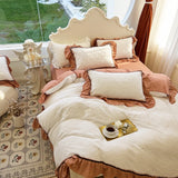 Gaeaspace   -  Korean Style Ruffles Jacquard Seersucker Bedding Set, Soft Duvet Cover, Bed Sheet, Pillowcases, Queen Size Bedclothes