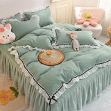 Gaeaspace  -  Korean Girl Heart Solid Color Bedding Set Cute Princess Style Cotton Bed Skirt Full Queen Size Flat Sheet Quilt Cover Pillowcase