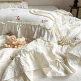 Gaeaspace  -  1/4Pcs washed Cotton Soft Summer Quilt Rose Flower Embroidery Ruffles Air Conditioning Quilt Blanket Bare Sleeping Skin-Friendly