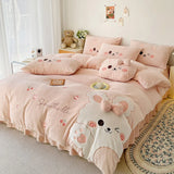 Gaeaspace  -  Pink Cute Cartoon Rabbit Applique Embroidery Bedding Set Velvet Fleece Duvet Cover Bed Sheet Fitted Sheet Bed Skirt Pillowcases