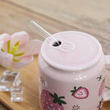 Gaeaspace  -  1pc 400ml Cute Fruits Mugs Creative Can Cartoon Ceramic Mug With Straw Lid Milk Tea Mug Office Home Travel Coffee Water Cup