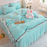 Gaeaspace  -  Korean Girl Heart Solid Color Bedding Set Cute Princess Style Cotton Bed Skirt Full Queen Size Flat Sheet Quilt Cover Pillowcase