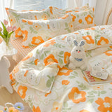 Gaeaspace  -  Kawaii Washed Cotton Bedding Set For Kids Girls Cute Print Duvet Cover Single Full Queen Size Flat Bed Sheets And Pillowcases