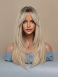 Gaeaspace  -  Long Straight Blonde Wigs With Bnags For Women Middle Part Layered Dark Roots Synthetic Hair Wigs For Daily Use 24 Inchse