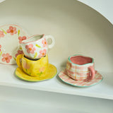 Gaeraspace  -  Korean Mug Ceramic Cute Flower Cup and Saucer Coffee Cup Tea Cup Dish Set Mug Hand Painted Coffee Mugs