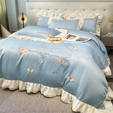 Gaeaspace  -  Flower Embroidery Lace Ruffles Bedding Set Skin-friendly Washed Cotton Princess Style Wedding Duvet Cover Bed Sheet Pillowcases