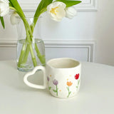 Gaeaspace  -  350ML Ceramic Coffee Mugs Tulip Love Handle Cups Hand Pinched Irregular White Color Flower Milk Mug Oatmeal Breakfast Tea Cup