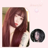 Gaeaspace  -  Red Wig with Bangs Long Straight Dark Red Wig for Women Sweet Princess Lolita Cosplay for Daily Use Synthetic Wigs