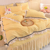 Gaeaspace  -  Korean Girl Heart Solid Color Bedding Set Cute Princess Style Cotton Bed Skirt Full Queen Size Flat Sheet Quilt Cover Pillowcase