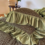 Gaeaspace  -  100%Cotton Green Ruffled Flower Duvet Cover Set France Vintage Farmhouse Bedding Comforter Cover Fitted/Flat Sheet Pillowcases