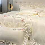 Gaeaspace  -  Flower Embroidery Lace Ruffles Bedding Set Skin-friendly Washed Cotton Princess Style Wedding Duvet Cover Bed Sheet Pillowcases