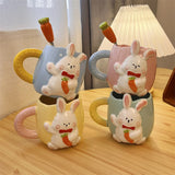 Gaeaspace  -  Korean Style Cute Rabbit Ceramic Mug Cartoon Hand-painted Embossed Coffee Cup Household Milk Cup with Handle Spoon suit