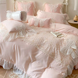 Gaeaspace  -  Korean Princess Bedding Set Lace Bow  Beauty Solid Color Lace Ruffle Quilt Cover Luxury Girls Wedding Home Textiles Duver Cover