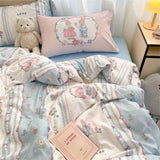 Gaeaspace  -  Pink Cartoon Printed Bedding Set For Girls Double Queen King Size Flat Sheet Duvet Cover Pillowcase Soft Bed Linen Home Textiles