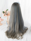 Gaeaspace  -  26Inch Silver Gray Highlight Gray Blue With Bang Synthetic Wigs Long Natural Straight Hair Wig for Women Cosplay Heat Resistant