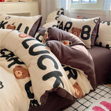 Gaeaspace  -  Cute Cartoon Bedding Set Washed Cotton Duvet Cover Bedsheet Pillowcase Bedroom Decor Skin Friendly Four Piece Set Home Textiles