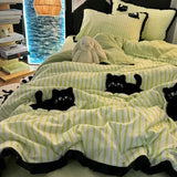 Gaeaspace  -  milk green Strip Cat Embroidery, Washing Cotton Four PIECE Set, cute cardboard bedding, Three PIECE set for Student dormitories