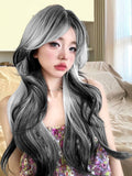 Gaeaspace  -  28Inch White Black Ombre Lolita Synthetic Wigs Middle Part Long Wavy Hair Wig for Women Cosplay Daily Use Cosplay Heat Resistant