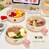 Gaeaspace  -  Kawaii Strawberry Peach Bowl Plate Ceramic Fruit  Salad Noodle Ramen Kitchen Bowl With Handle Tableware Gift For Kids Girl Women