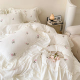 Gaeaspace  -  Rose Flowers Embroidery Ruffle Lace Bedding Set for Girls, Washed Cotton Duvet Cover, Skin Friendly, Bed Sheet, Pillowcases