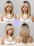 Gaeaspace  -  Charming Long Blonde Wigs for Women Synthetic Hair Wig with Fringe Ombre Color with Dark Roots Layered Wigs Heat Resistant Wigs