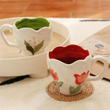 Gaeaspace  -  Korean Style Ins Niche Hand-painted Tulip Bleed Orchid Hand-kneaded Ceramic Cup Office Cute Mug Household Simple Dessert Cup