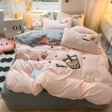 Gaeaspace  -  MIlk Tea Cartoon Duvet Cover Embroidery Bedding Set Queen Twin Size Kawaii Comforter Covers with Pillowcases for Girls Women