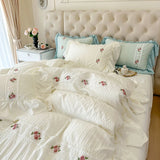 Gaeaspace  -  French Style Princess Bedding Set Lace Ruffles Seersucker Flowers Embroidery Washed Cotton Duvet Cover Set Bed Sheet Pillowcases