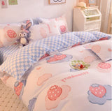 Gaeaspace  -  INS Double-sided Availability Pink Blue Cute Cat And Rabbit Bedding Set Duvet Cover Sheets With Pillowcases Full Size Bedroom