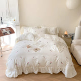 Gaeaspace  -  Rose Flowers Embroidery Ruffle Lace Bedding Set for Girls, Washed Cotton Duvet Cover, Skin Friendly, Bed Sheet, Pillowcases