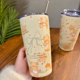 Gaeaspace  -  Kawaii Bear Sainless Steel Thermos Insulated Tumbler For Ice Coffee Tea Beer Juice Cute Korean Water Bottle Cup With Straw 550ml