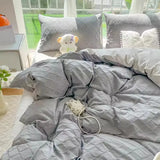 Gaeaspace  -  Cute Korean Adults Bedding Sets Aesthetic King Queen Twin Size Ins Solid Color Double Bed Sheets Ruffled Duvet Quilt Cover Set