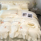 Gaeaspace  -  Flower Embroidery Lace Ruffles Bedding Set Skin-friendly Washed Cotton Princess Style Wedding Duvet Cover Bed Sheet Pillowcases