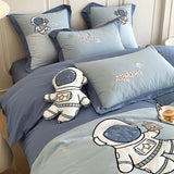 Gaeasapce  -  Blue Cute Cartoon Astronaut Embroidery 100% Cotton Boys Bedding Set Single Duvet Cover Set Bed Sheet Pillowcases Gifts For Child