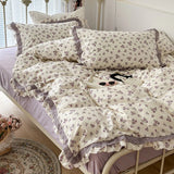 Gaeaspace  -  French Small Floral Printed Bedding Set, Double Layer Lace Ruffles, 100% Cotton, Duvet Cover Set, Bed Linen, Pillowcases