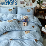 Gaeaspace  -  Solid Blue Bear Bedding Set Duvet Cover Queen Full Twin Size Bed Flat Sheet Kids Girls Room Decor Quilt Cover Pillowcase Kawaii