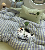 Gaeaspace  -  Cute embroidery cat stripes bedding set single double,twin full queen king cotton home textile bed sheet pillowcase quilt cover