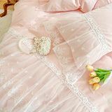 Gaeasapce  -  Pink Romantic French Princess Bedding Set, Lace Ruffles Duvet Cover, Bed Sheet, Bed Skirt, Bedspread, Pillowcases, 100% Cotton