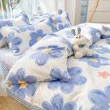 Gaeaspace  -  Kawaii Washed Cotton Bedding Set For Kids Girls Cute Print Duvet Cover Single Full Queen Size Flat Bed Sheets And Pillowcases