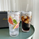 Gaeaspace  -  1pc 600ml Stripe Glass Cup with Lid and Straw Transparent Drinking Glasses for Juice Iced Coffee Water Cup Outdoor Drinkware Mug