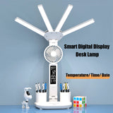 Gaeaspace  -  3in1 Multifunction Table Lamp LED Four-headed Folding With Fan Calendar Clock USB Rechargeable Desk light 3 color Reading Lamp