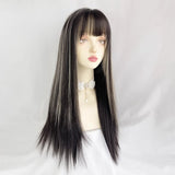 Gaeaspace  -  Synthetic Long Straight Black White Mixed Wigs with Bangs Lolita Cosplay Women Fluffy Hair Wig for Daily Party