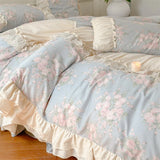 Gaeaspace  -  Pure Cotton French Floral Bedding Set Vintage Country Flowers Ruffles Duvet Cover Flat Sheet Or Bed Skirt With Pillowcases 4Pcs