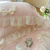 Gaeasapce  -  Pink Romantic Lace Ruffles with Bow, French Princess Bedding Set, Plush, Warm Velvet, Fleece Duvet Cover, Bed Sheet, Pillowcases