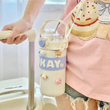 Gaeaspace   -  Kawaii Thermal Water Bottle With Straw Sticker Stainless Steel Thermos Keep Cold Hot Coffee Bubble Tea Cute Bottle For Kid Girl