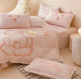 Gaeaspace  -  Cute embroidery bear pink khaki bedding set kid,full queen king lovely cotton home textile bed sheet pillow case duvet cover