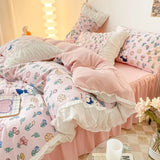 Gaeaspace  -  INS Princess Style Flower Bedding Set Duvet Cover With Ruffle Lace Bed Sheet Pillowcases Kawaii Girl Woman Bedroom Home Textiles