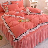 Gaeaspace  -  Korean Girl Heart Solid Color Bedding Set Cute Princess Style Cotton Bed Skirt Full Queen Size Flat Sheet Quilt Cover Pillowcase