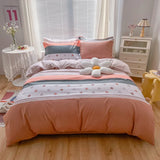 Gaeaspace  -  INS Double-sided Availability Pink Blue Cute Cat And Rabbit Bedding Set Duvet Cover Sheets With Pillowcases Full Size Bedroom